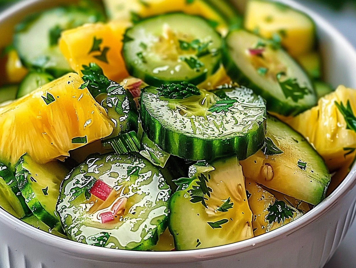 Bright, refreshing Pineapple Cucumber Salad with juicy pineapple, crisp cucumber, red onion, and fresh herbs glistening in a light citrus dressing, served in a white bowl.