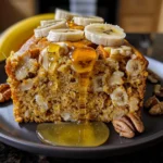 Golden pumpkin banana loaf studded with banana slices and pecans, drizzled with honey, and served on a black plate; shows moist, textured crumb and vibrant color.