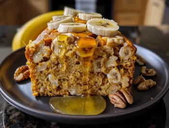 Golden pumpkin banana loaf studded with banana slices and pecans, drizzled with honey, and served on a black plate; shows moist, textured crumb and vibrant color.