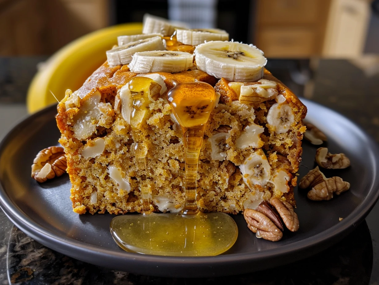 Golden pumpkin banana loaf studded with banana slices and pecans, drizzled with honey, and served on a black plate; shows moist, textured crumb and vibrant color.