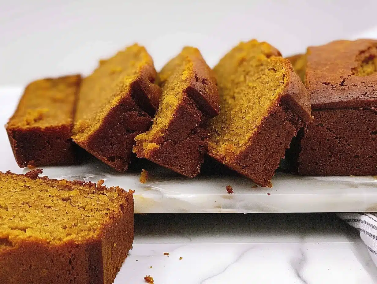 Beautifully sliced Pumpkin Bread - Rich and Buttery with golden brown crust and vibrant orange crumb, displayed on a marble board showing its moist, tender texture.