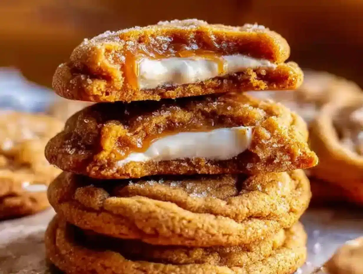 Rich, golden-brown pumpkin cheesecake cookies with creamy white cheesecake filling, stacked on a rustic baking sheet, showcasing a gooey center and lightly sparkling sugar tops.