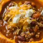 Vibrant orange Pumpkin Chili served in a pumpkin bowl, topped with melty cheddar and creamy cheese, highlighting rich beans and hearty turkey in a savory, colorful presentation with a silver spoon.
