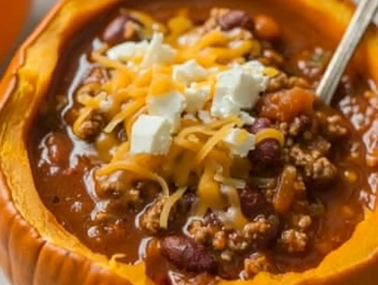 Vibrant orange Pumpkin Chili served in a pumpkin bowl, topped with melty cheddar and creamy cheese, highlighting rich beans and hearty turkey in a savory, colorful presentation with a silver spoon.