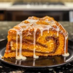 A golden slice of Pumpkin Honey Bun Cake with rich brown cinnamon swirls and luscious vanilla glaze dripping down, served on a black plate for a bakery-style presentation.