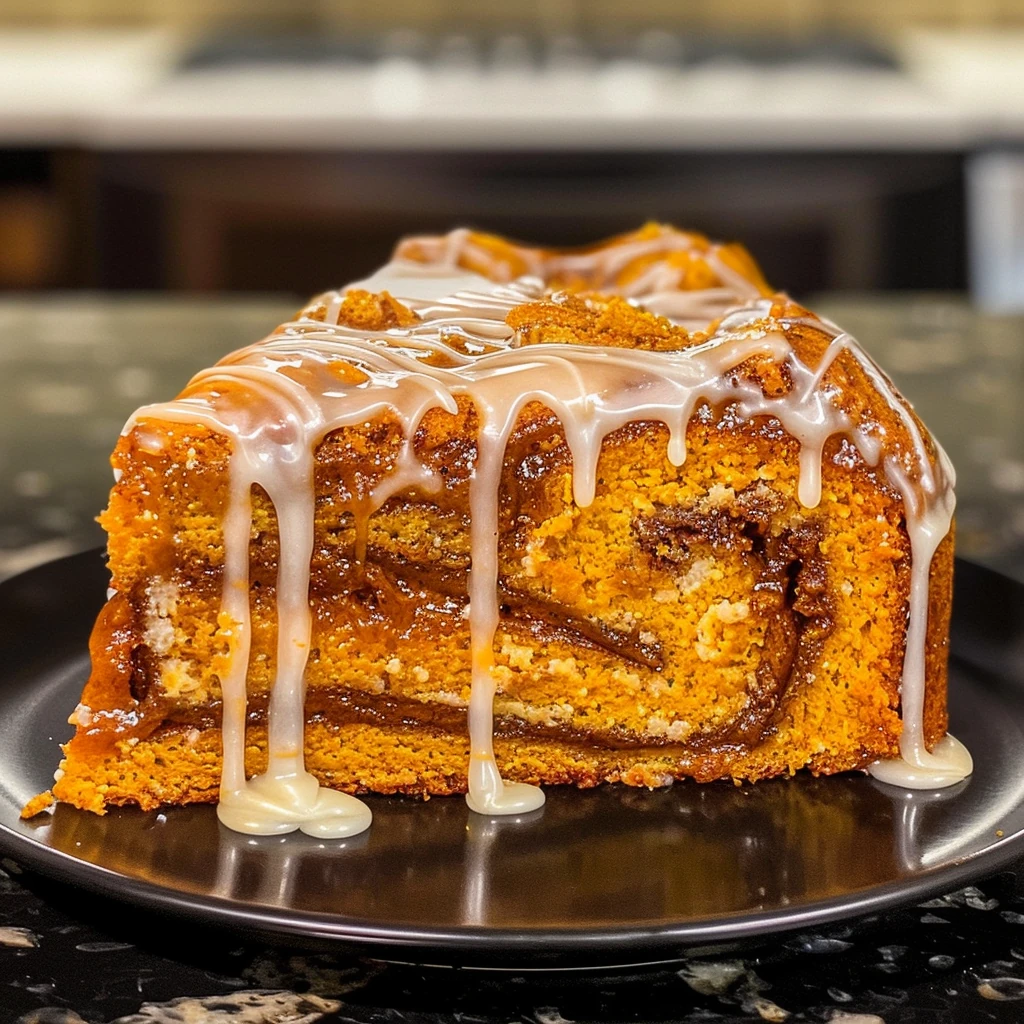 A golden slice of Pumpkin Honey Bun Cake with rich brown cinnamon swirls and luscious vanilla glaze dripping down, served on a black plate for a bakery-style presentation.