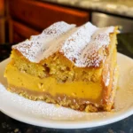 Golden layered Pumpkin Magic Cake slice dusted with powdered sugar, showcasing creamy orange custard and fluffy cake layers on a white plate.