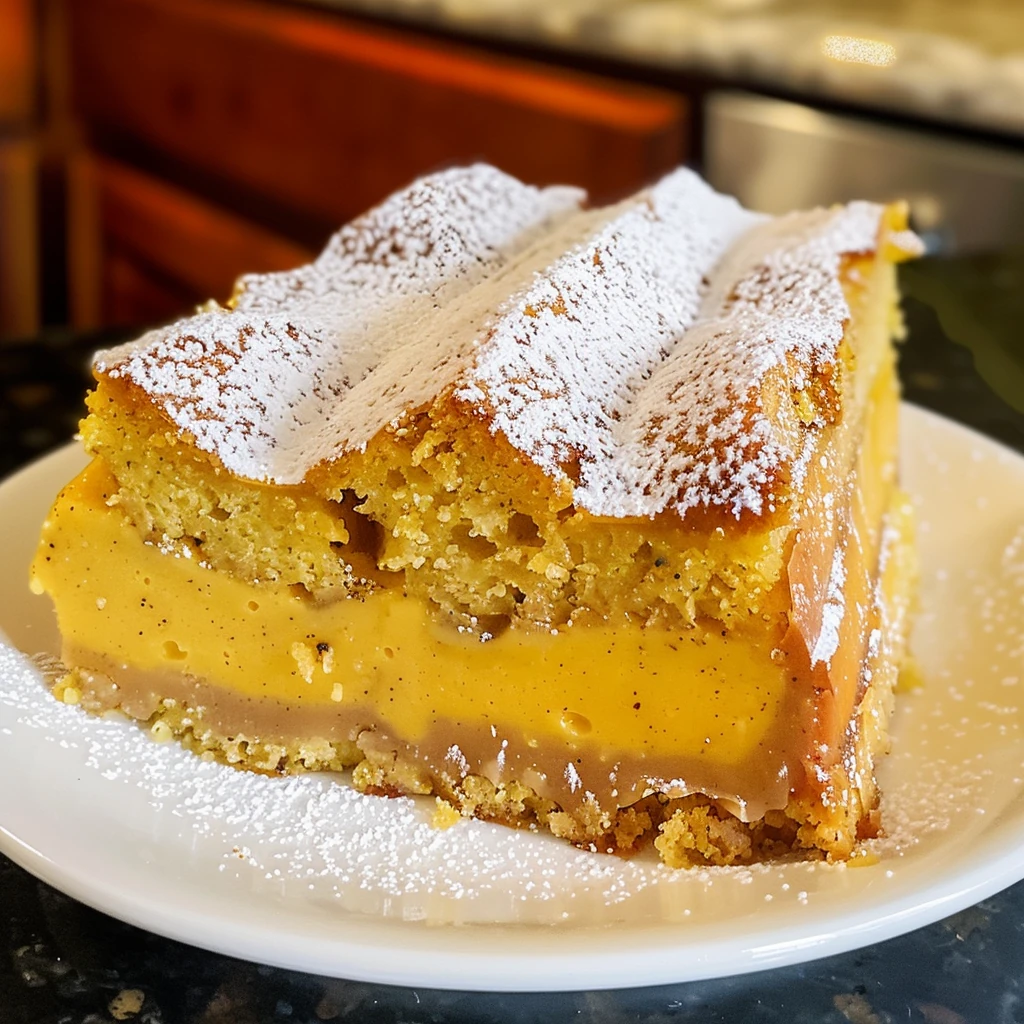 Golden layered Pumpkin Magic Cake slice dusted with powdered sugar, showcasing creamy orange custard and fluffy cake layers on a white plate.