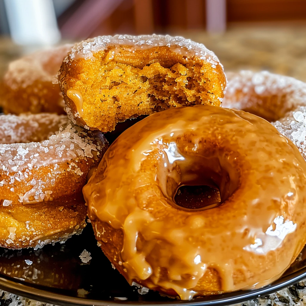 Golden Pumpkin Mochi Donuts with glossy cinnamon glaze and sugar crystal coating on a dark plate, highlighting their chewy texture and vibrant orange color.