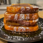 Stack of Pumpkin Pie French Toast on black plate, drenched in maple syrup, golden brown with powdered sugar, showcasing thick slices and fluffy texture.