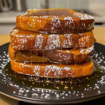 Stack of Pumpkin Pie French Toast on black plate, drenched in maple syrup, golden brown with powdered sugar, showcasing thick slices and fluffy texture.