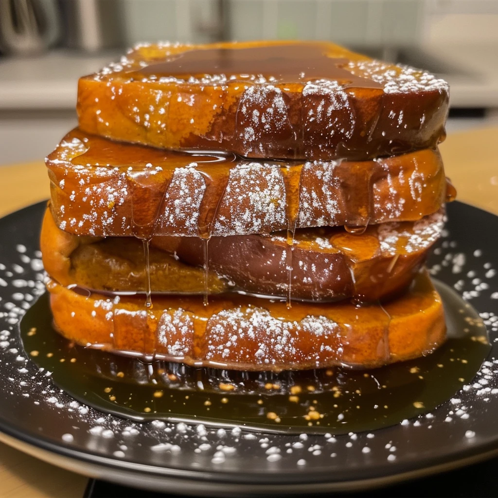 Stack of Pumpkin Pie French Toast on black plate, drenched in maple syrup, golden brown with powdered sugar, showcasing thick slices and fluffy texture.