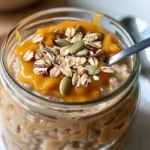 Creamy Pumpkin Pie Overnight Oats in a glass jar topped with golden pumpkin puree, crunchy oats, pecans, and pumpkin seeds; vibrant orange hue with inviting textures and luscious presentation.