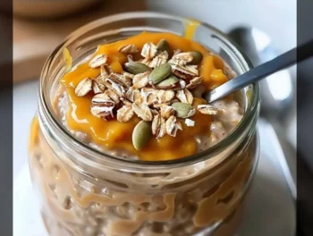 Creamy Pumpkin Pie Overnight Oats in a glass jar topped with golden pumpkin puree, crunchy oats, pecans, and pumpkin seeds; vibrant orange hue with inviting textures and luscious presentation.
