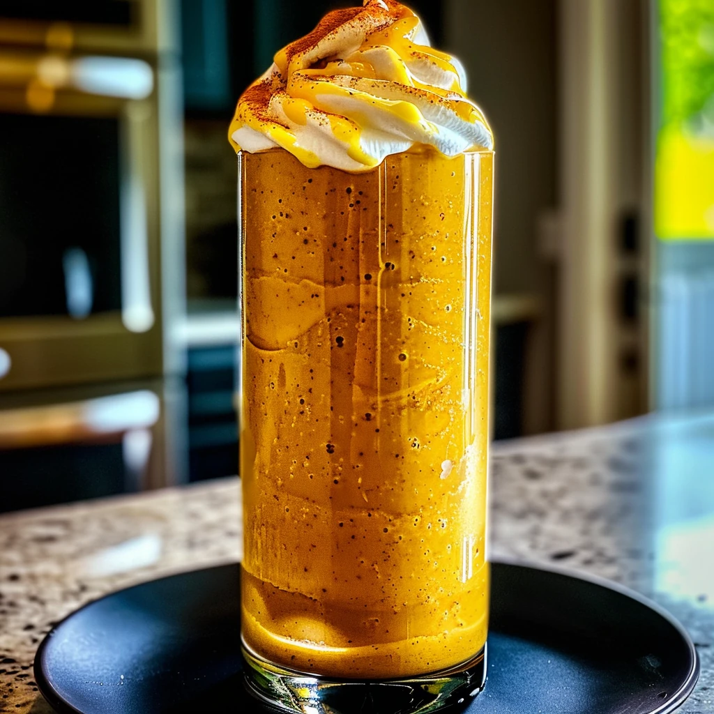 Tall glass filled with vibrant orange Pumpkin Protein Shake, topped with whipped cream and cinnamon, on a dark plate in a sunny kitchen.
