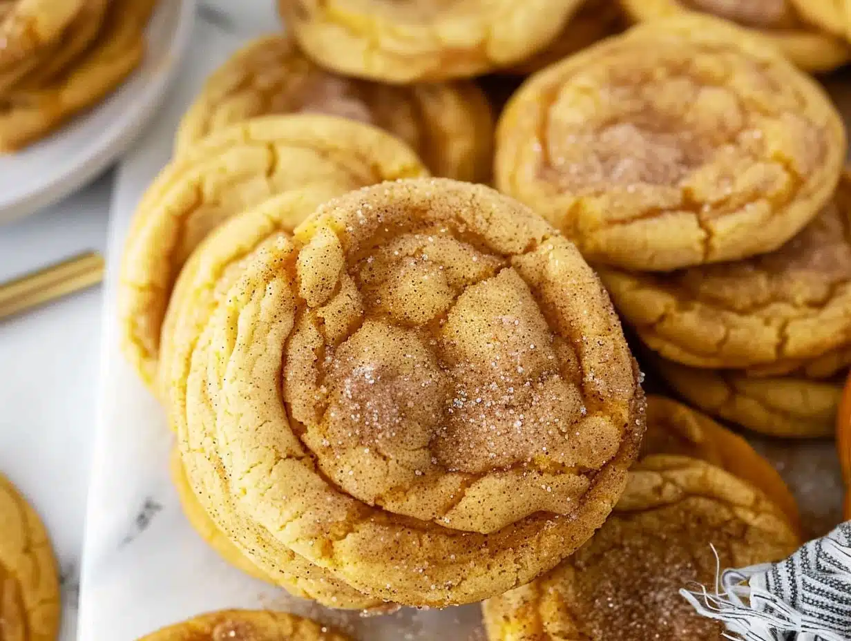 Soft golden Pumpkin Snickerdoodles with a sparkly cinnamon-sugar coating stacked on a white plate, showing crackled tops and plush texture, inviting and beautifully presented.