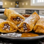 Golden, crispy Pumpkin Spice Spring Rolls filled with creamy pumpkin and melty chocolate chips, dusted with powdered sugar and served with caramel sauce on a modern black plate.