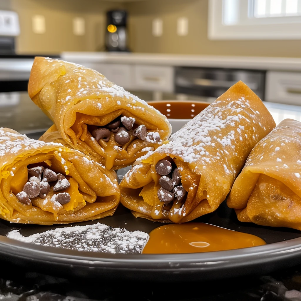 Golden, crispy Pumpkin Spice Spring Rolls filled with creamy pumpkin and melty chocolate chips, dusted with powdered sugar and served with caramel sauce on a modern black plate.