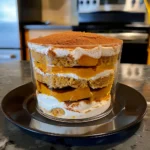 Pumpkin Tiramisu in a clear glass dish, showing golden layers of spiced pumpkin, creamy mascarpone, espresso-soaked ladyfingers, and a lush cocoa-dusted top, beautifully presented on a dark plate.