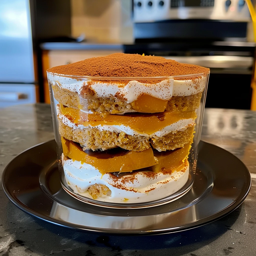Pumpkin Tiramisu in a clear glass dish, showing golden layers of spiced pumpkin, creamy mascarpone, espresso-soaked ladyfingers, and a lush cocoa-dusted top, beautifully presented on a dark plate.
