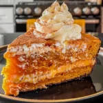 Moist pumpkin tres leches cake slice with whipped cream and cinnamon on golden brown layers, served on a black plate.
