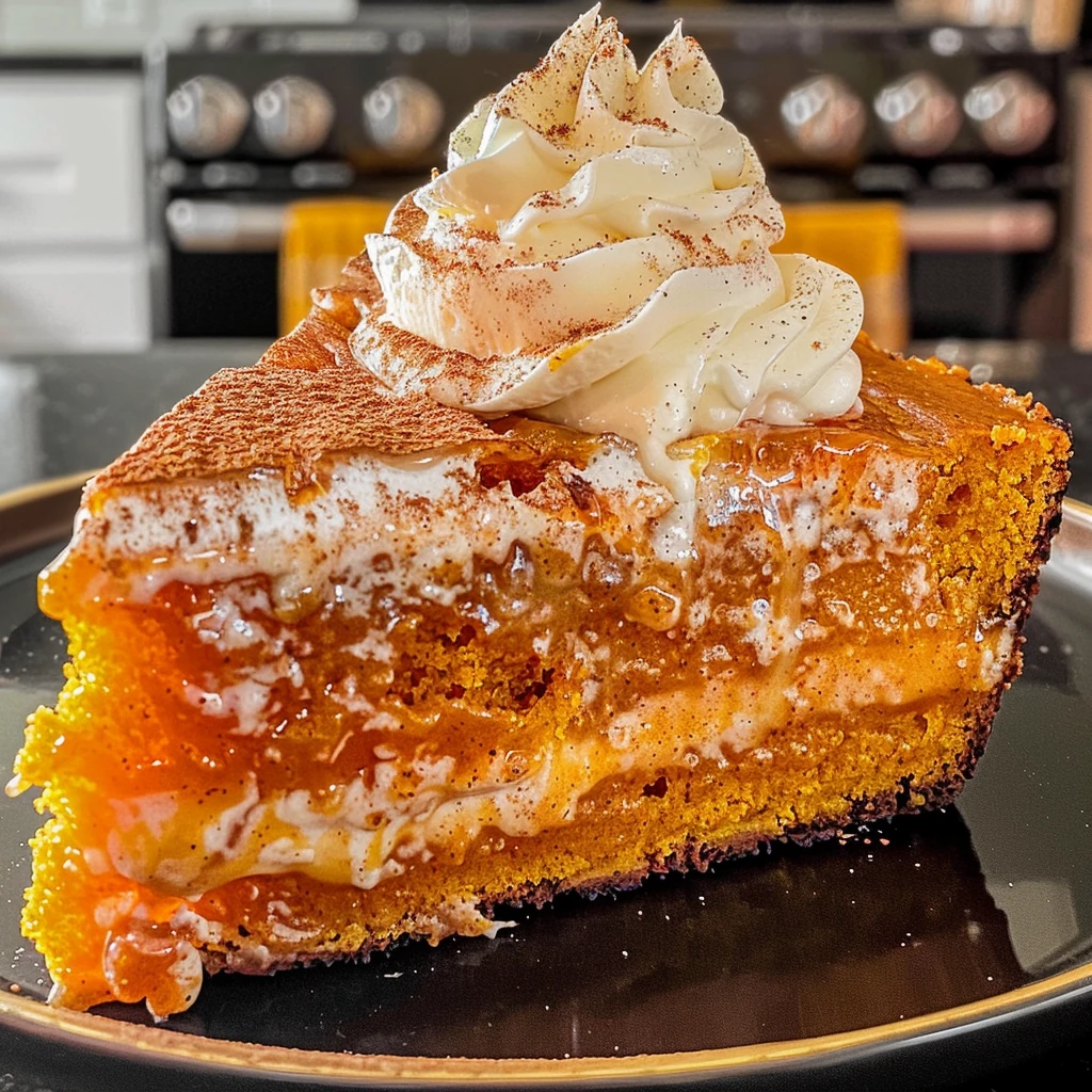 Moist pumpkin tres leches cake slice with whipped cream and cinnamon on golden brown layers, served on a black plate.