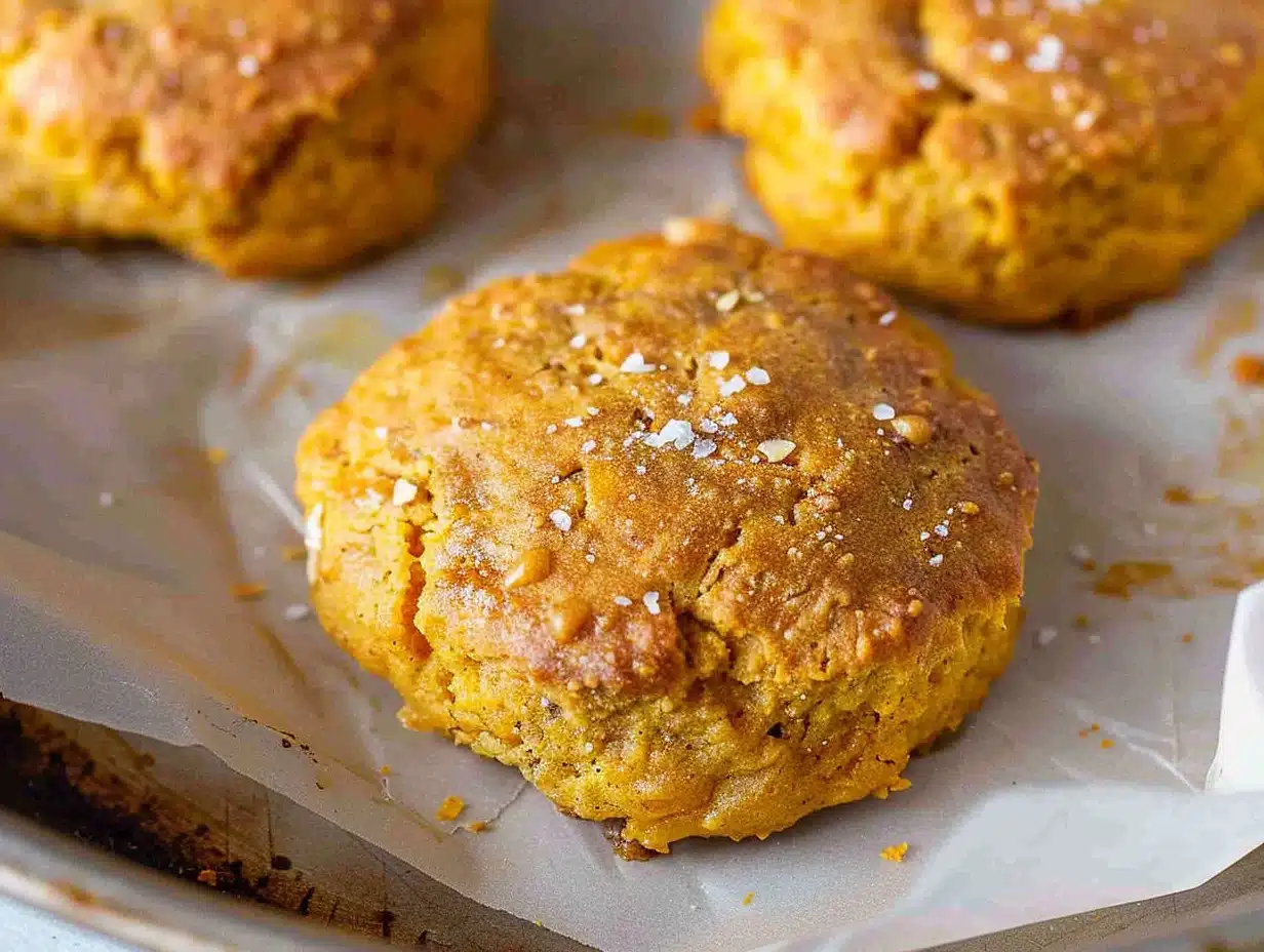 Golden, flaky Small Batch Pumpkin Biscuits with a warm orange hue and sprinkled sea salt, arranged beautifully on parchment-lined baking sheet.