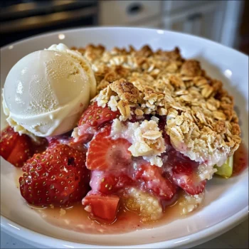Golden oat-topped Strawberry Rhubarb Crumble with juicy red strawberries and rhubarb, served warm with creamy vanilla ice cream on a white plate