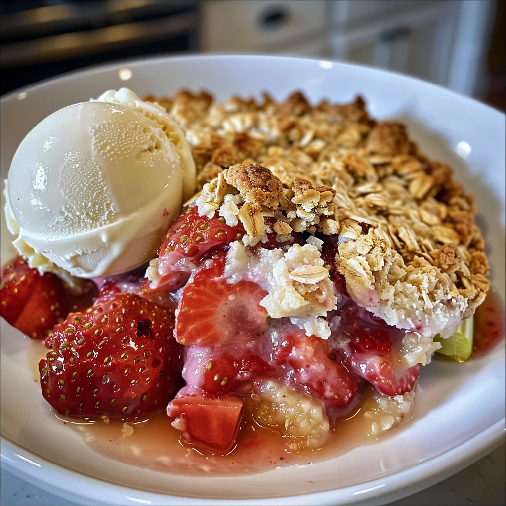 Golden oat-topped Strawberry Rhubarb Crumble with juicy red strawberries and rhubarb, served warm with creamy vanilla ice cream on a white plate