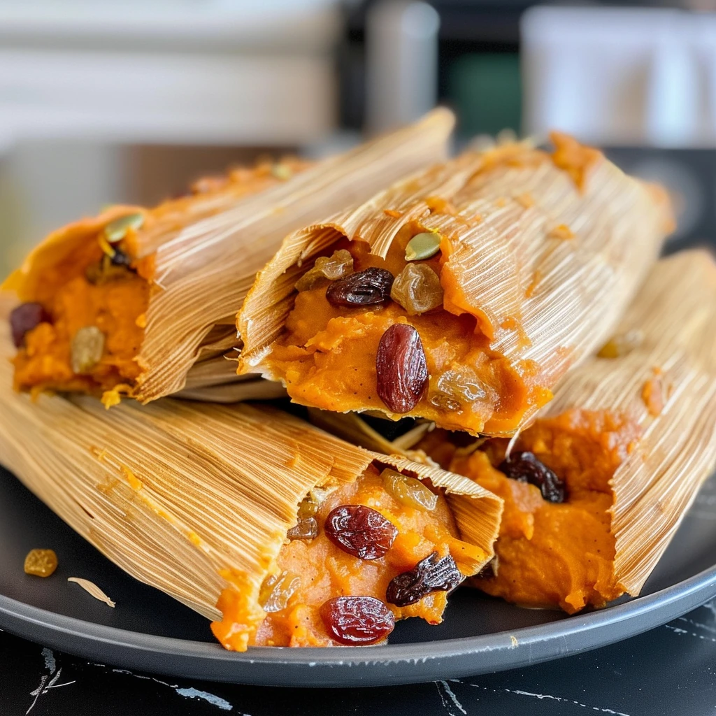 Golden-orange Sweet Pumpkin Tamales with plump raisins and toasted pumpkin seeds bursting from rustic corn husks, served on a dark plate for a warm, inviting presentation.