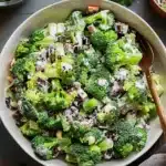 A vibrant bowl of broccoli salad with creamy dressing, dried cranberries, sunflower seeds, and red onion, garnished for a festive, happy presentation.