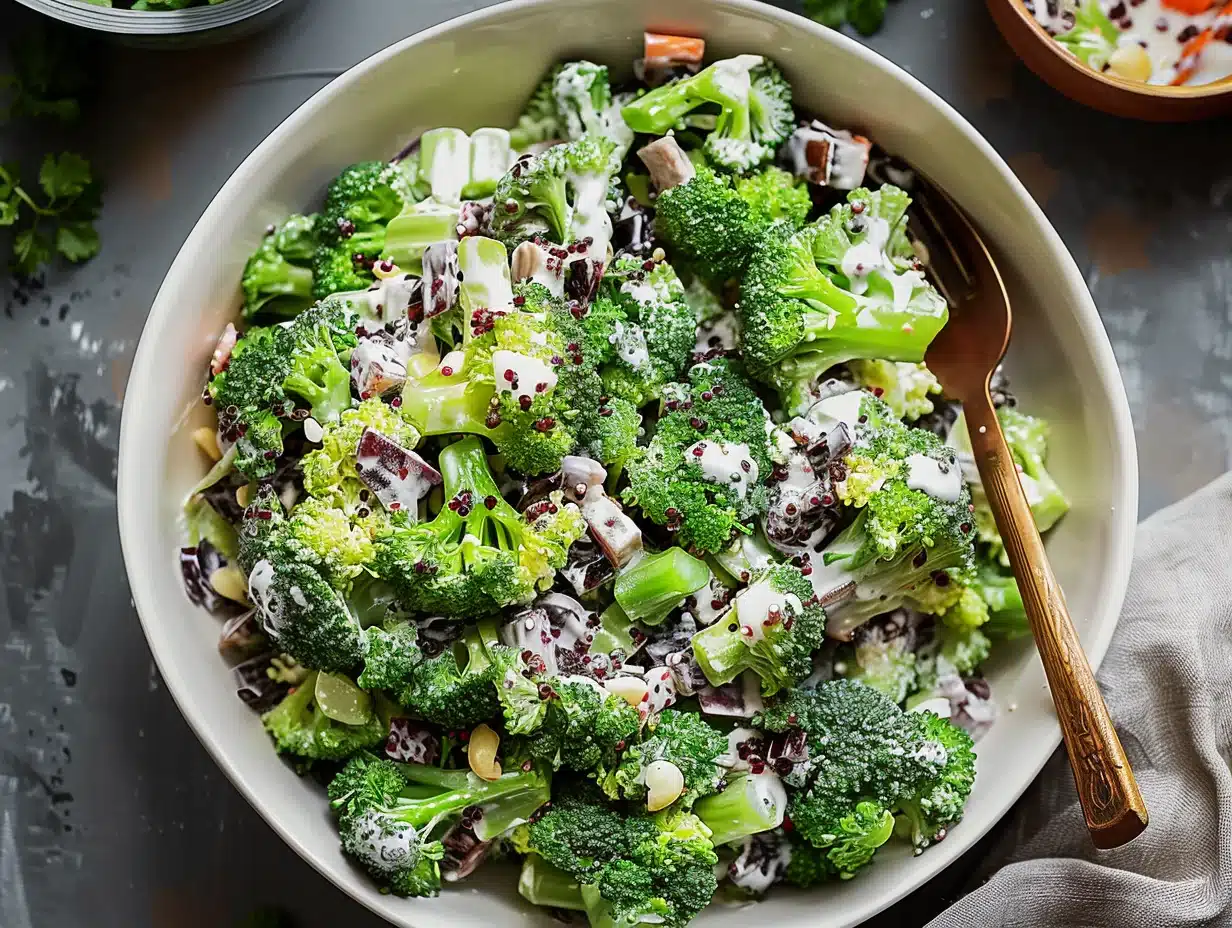 A vibrant bowl of broccoli salad with creamy dressing, dried cranberries, sunflower seeds, and red onion, garnished for a festive, happy presentation.