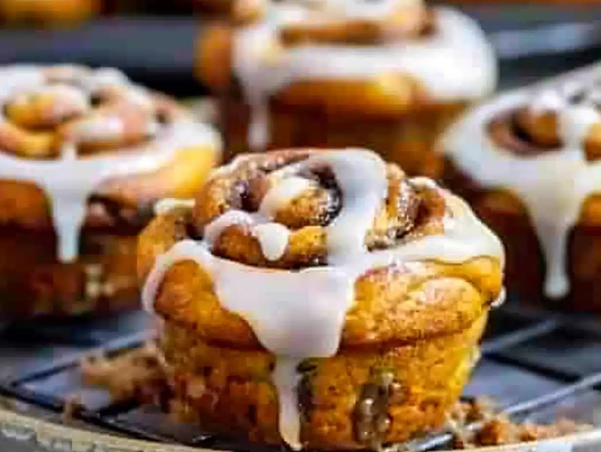 Golden pumpkin cinnamon roll muffins with glossy cream cheese glaze dripped over deep orange swirls, served on a wire rack, showcasing vibrant color and inviting texture.