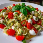 Bright Tortellini Pasta Salad with Basil Vinaigrette, vibrant cherry tomatoes, fresh mozzarella, and green basil, beautifully arranged on a white plate.