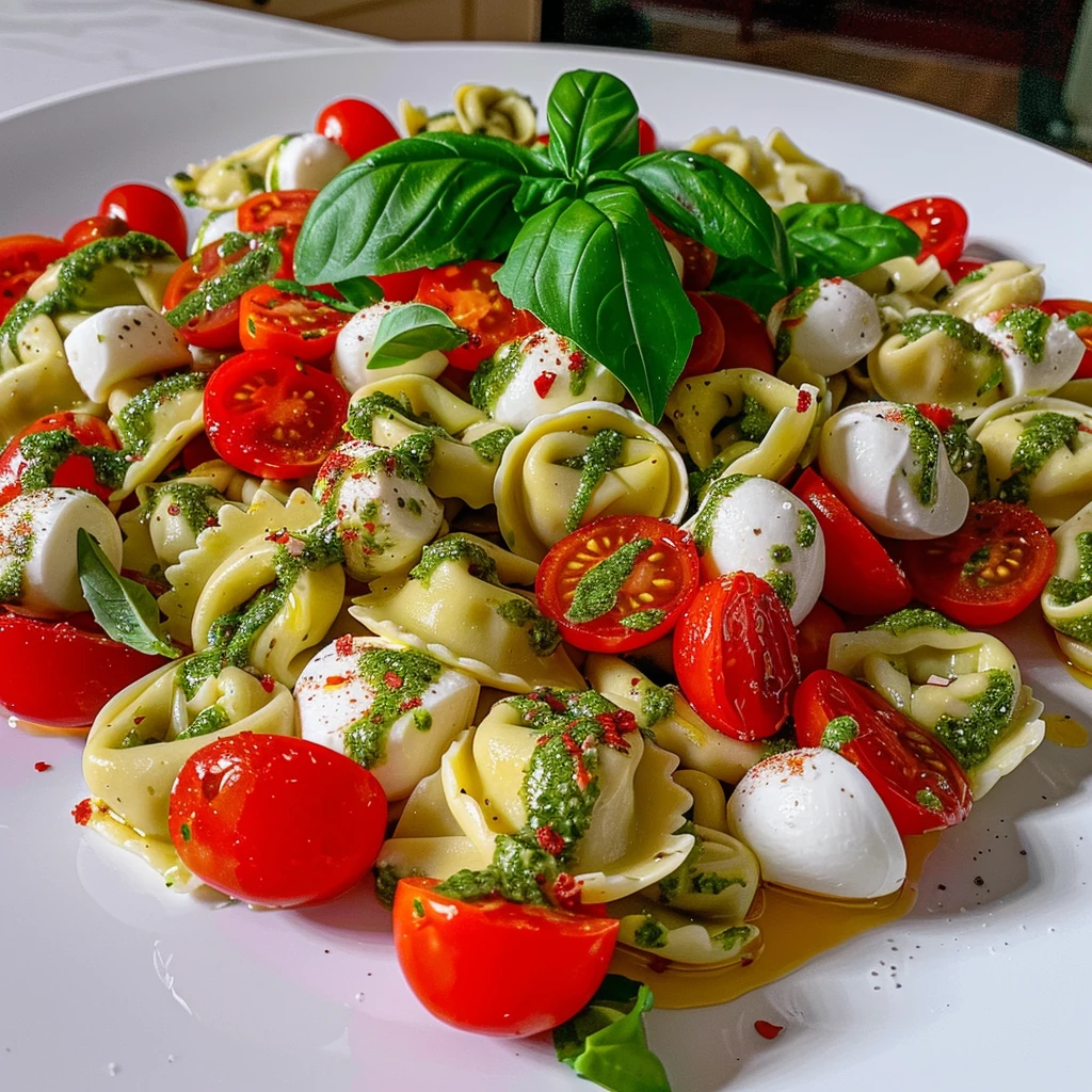 Bright Tortellini Pasta Salad with Basil Vinaigrette, vibrant cherry tomatoes, fresh mozzarella, and green basil, beautifully arranged on a white plate.