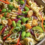 Colorful Vibrant Asian Pasta Salad with Edamame and Crispy Wontons in a rustic bowl, featuring tri-color rotini, bright green edamame, red onions, crispy mini wontons, peppers, and cucumbers for a lively, fresh presentation