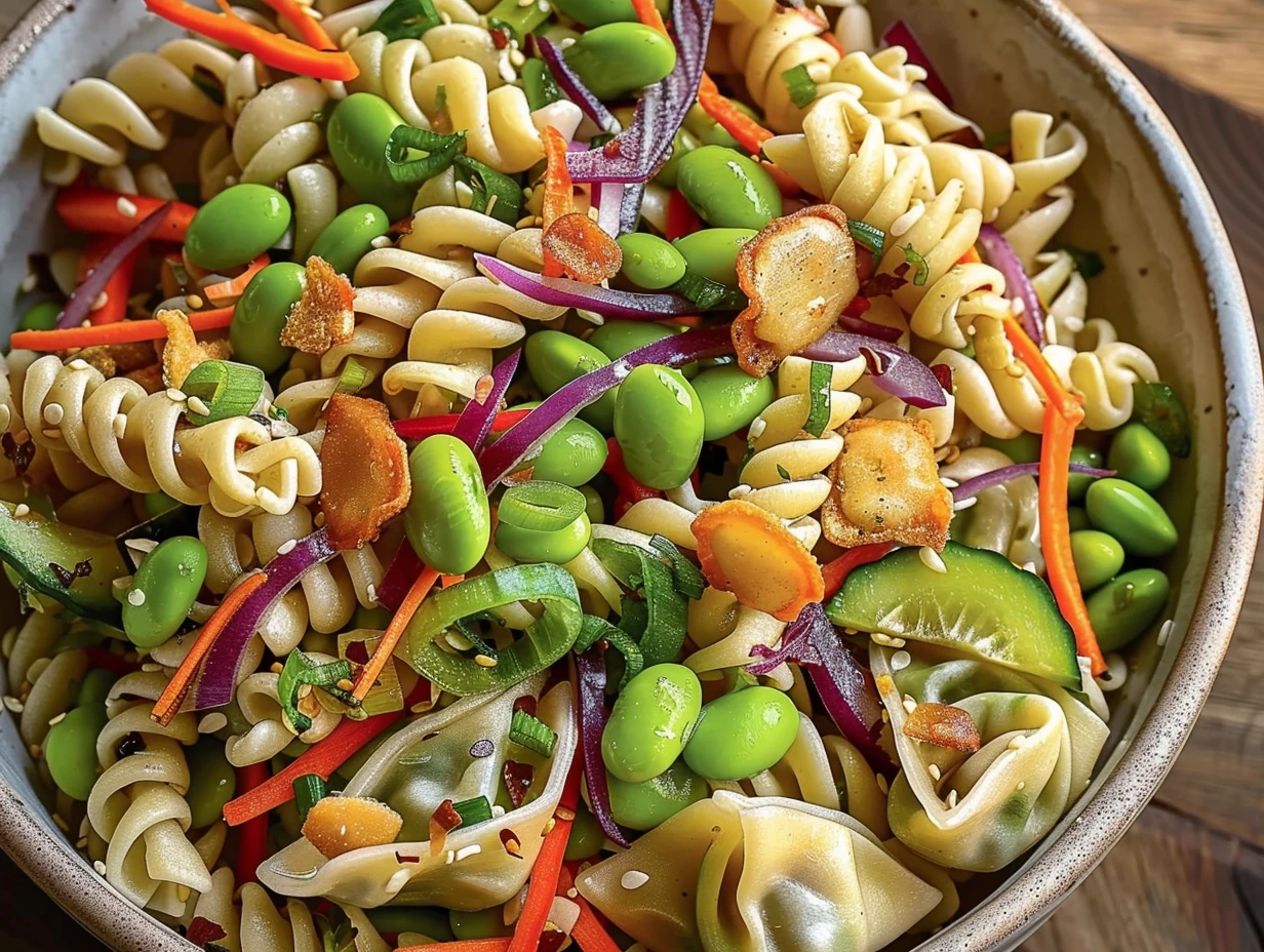 Colorful Vibrant Asian Pasta Salad with Edamame and Crispy Wontons in a rustic bowl, featuring tri-color rotini, bright green edamame, red onions, crispy mini wontons, peppers, and cucumbers for a lively, fresh presentation