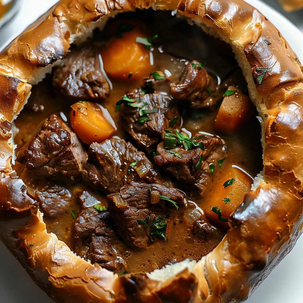 Tender chunks of beef, vibrant carrots, and rich stew served inside a golden bread bowl, topped with fresh herbs for Witch's Cauldron Beef Stew.