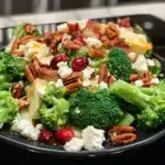 A vibrant broccoli salad on a black plate, topped with toasted pecans, bacon, dried cranberries, feta, and cheddar.