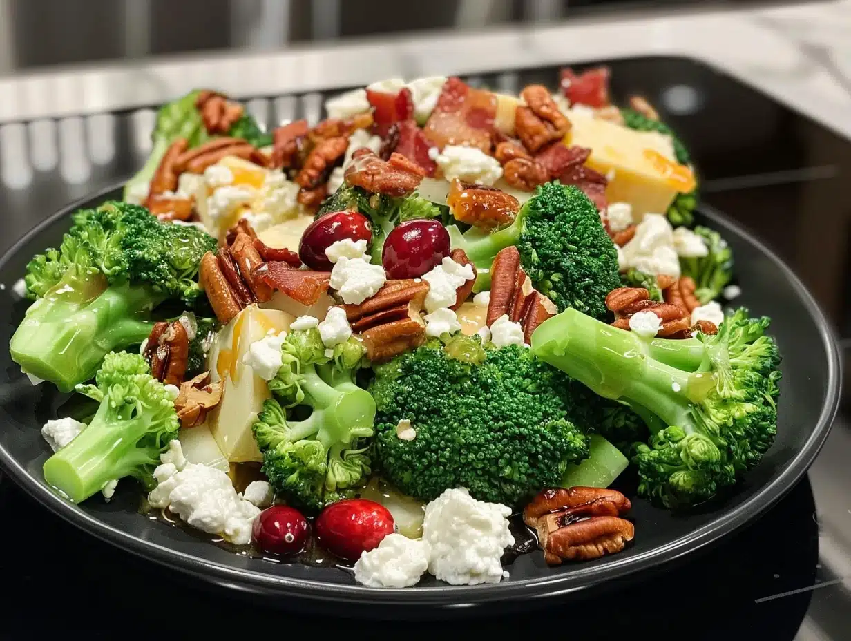 A vibrant broccoli salad on a black plate, topped with toasted pecans, bacon, dried cranberries, feta, and cheddar.