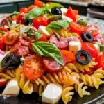 Vibrant Classic Italian Pasta Salad with rotini, cherry tomatoes, mozzarella, olives, pepperoni, and fresh basil on a black plate.
