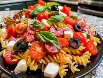 Vibrant Classic Italian Pasta Salad with rotini, cherry tomatoes, mozzarella, olives, pepperoni, and fresh basil on a black plate.