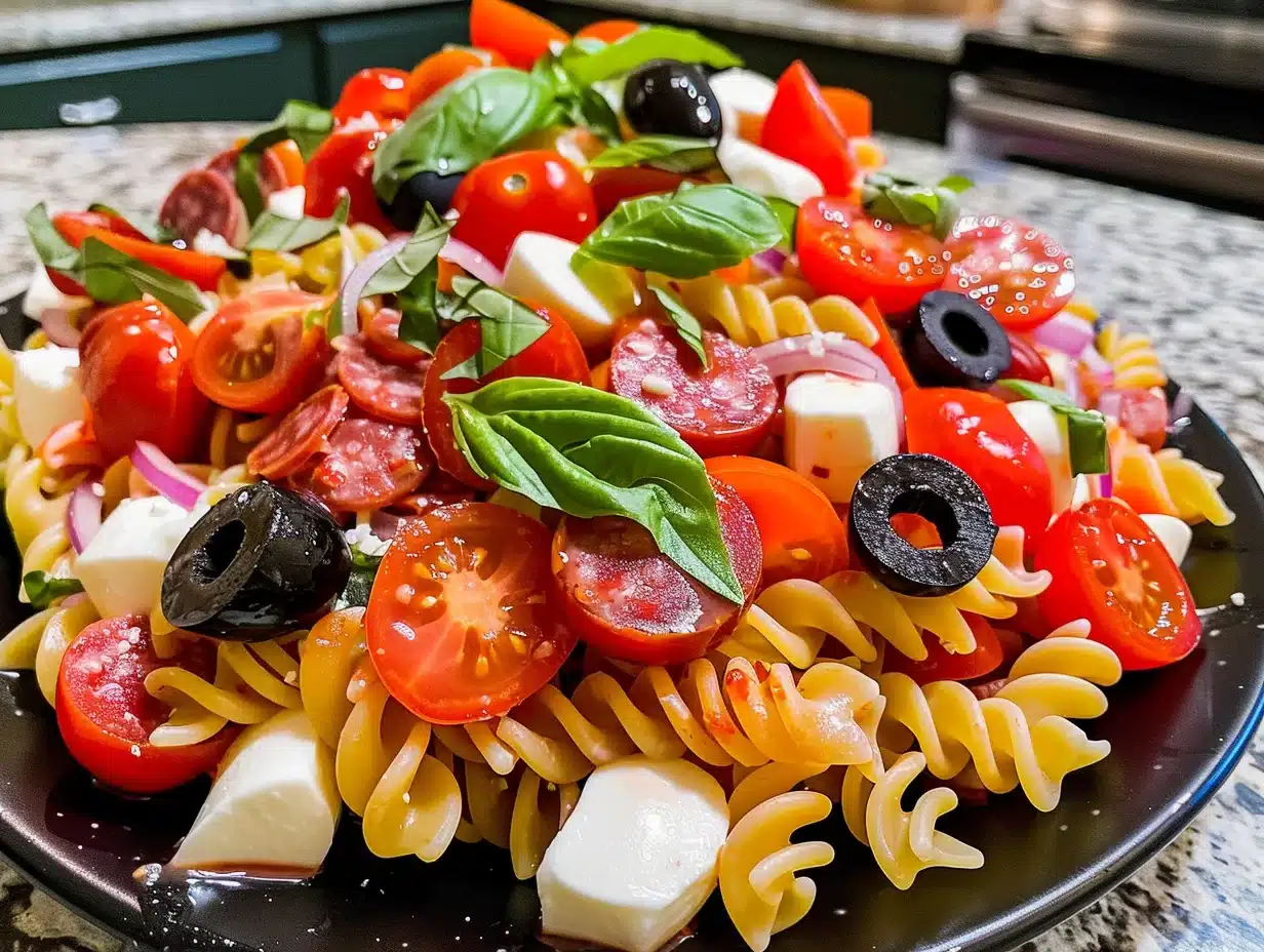 Vibrant Classic Italian Pasta Salad with rotini, cherry tomatoes, mozzarella, olives, pepperoni, and fresh basil on a black plate.