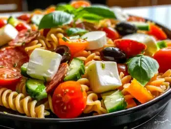 Colorful rotini pasta salad with cherry tomatoes, mozzarella, cucumber, olives, pepperoni, and basil leaves in a black bowl.
