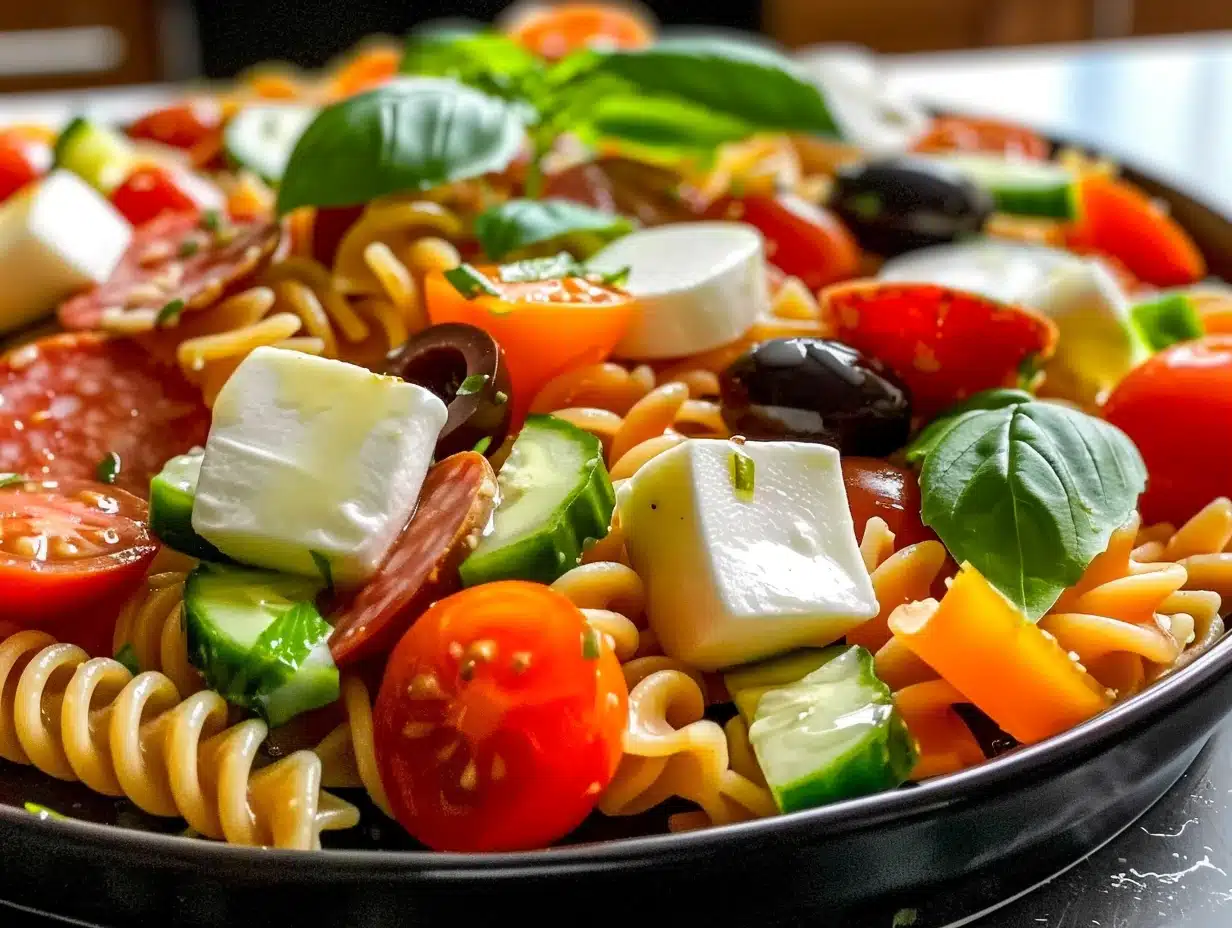 Colorful rotini pasta salad with cherry tomatoes, mozzarella, cucumber, olives, pepperoni, and basil leaves in a black bowl.