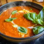 Bowl of steaming creamy tomato soup garnished with fresh basil leaves in a black bowl