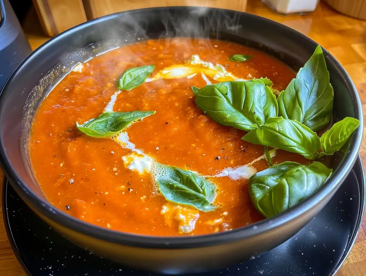 Bowl of steaming creamy tomato soup garnished with fresh basil leaves in a black bowl