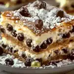 Classic Cannoli Squares with creamy ricotta filling, mini chocolate chips, and powdered sugar dusting on a plate