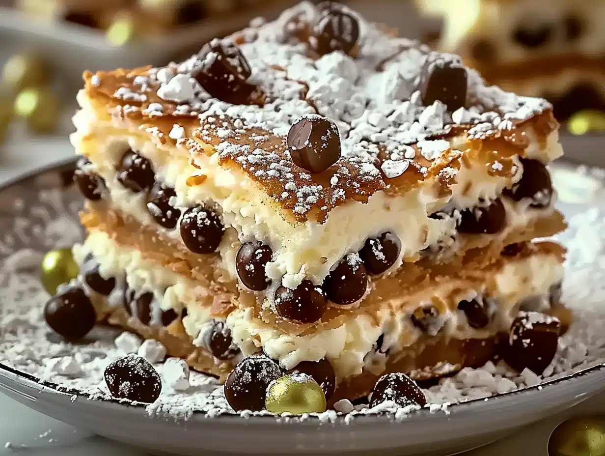 Classic Cannoli Squares with creamy ricotta filling, mini chocolate chips, and powdered sugar dusting on a plate