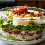 Colorful Layered Potluck Salad with eggs, bacon, peas, cheddar, and tomatoes in a clear glass bowl, ready for serving.